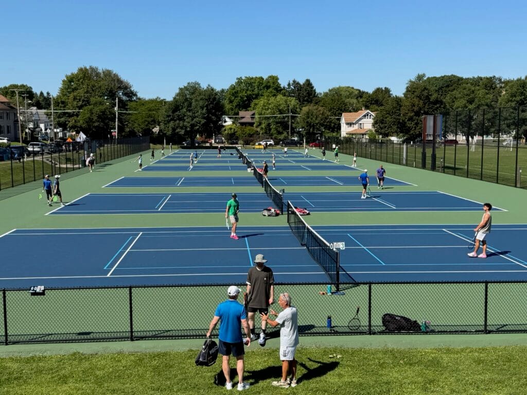 View of Rec Park tennis courts from the stands